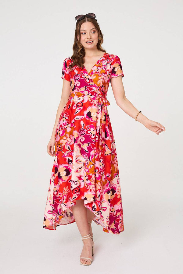 Printed Short Sleeve Wrap Midi Dress