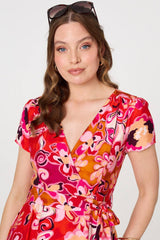 Printed Short Sleeve Wrap Midi Dress