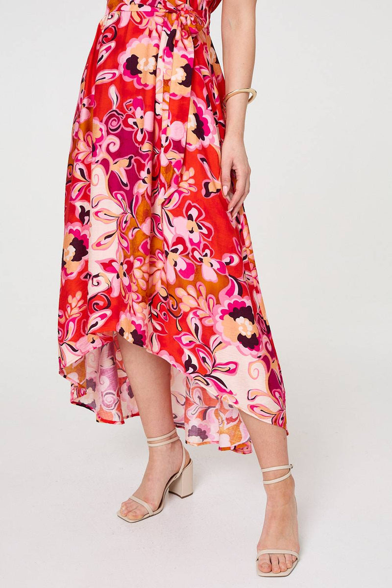 Printed Short Sleeve Wrap Midi Dress