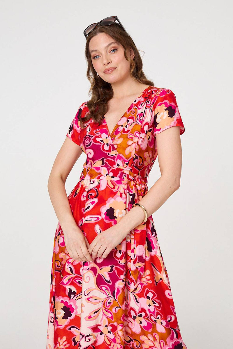 Printed Short Sleeve Wrap Midi Dress