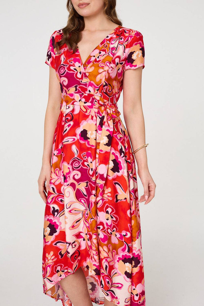 Printed Short Sleeve Wrap Midi Dress