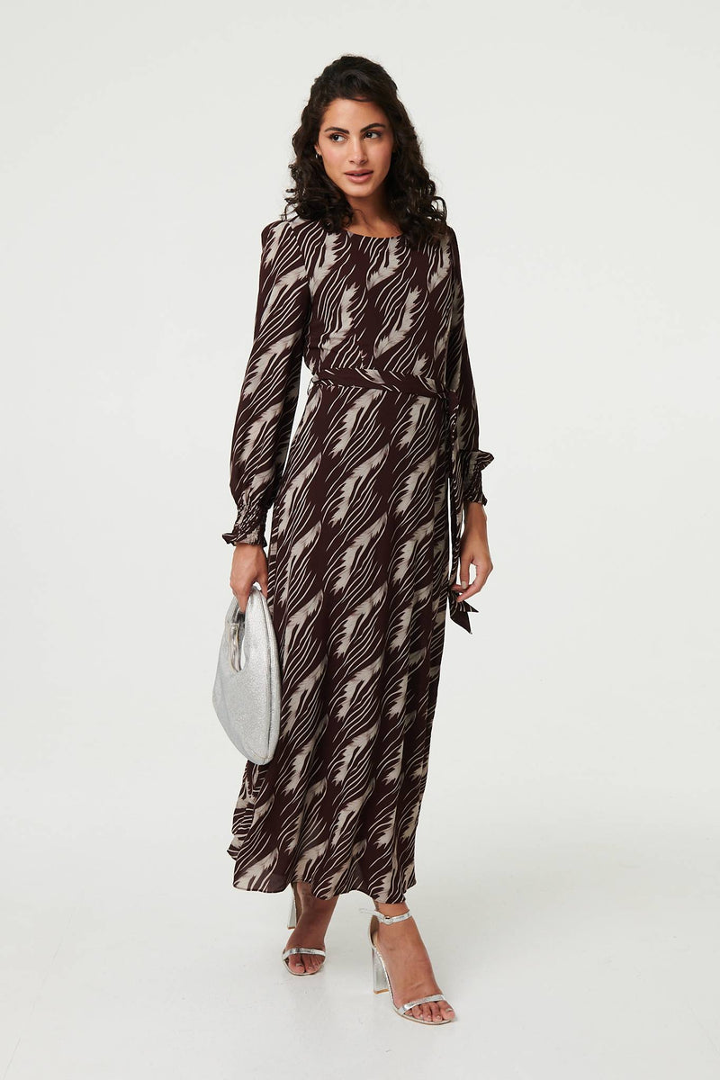 Printed Tie Waist Semi Sheer Maxi Dress