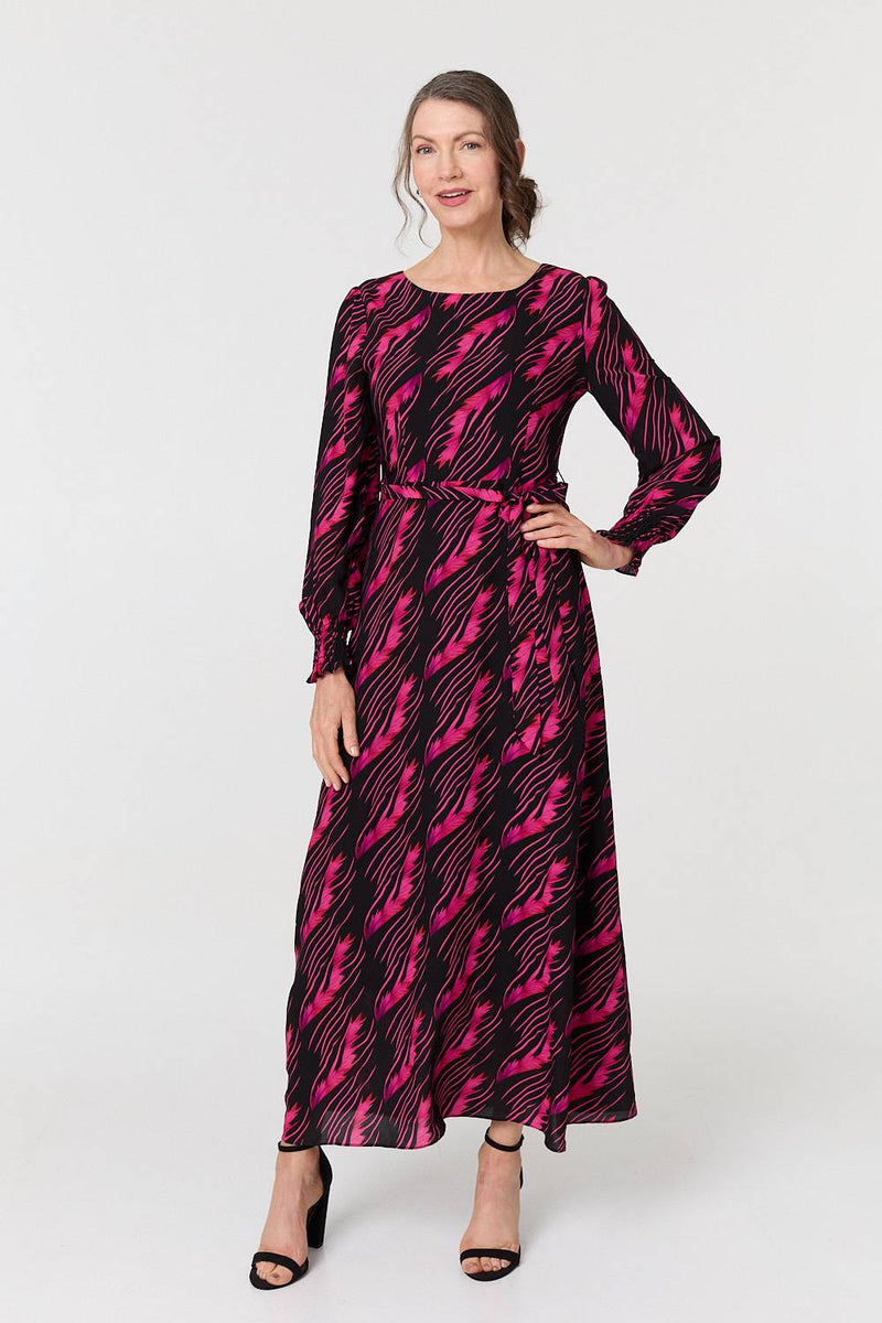 Printed Tie Waist Semi Sheer Maxi Dress