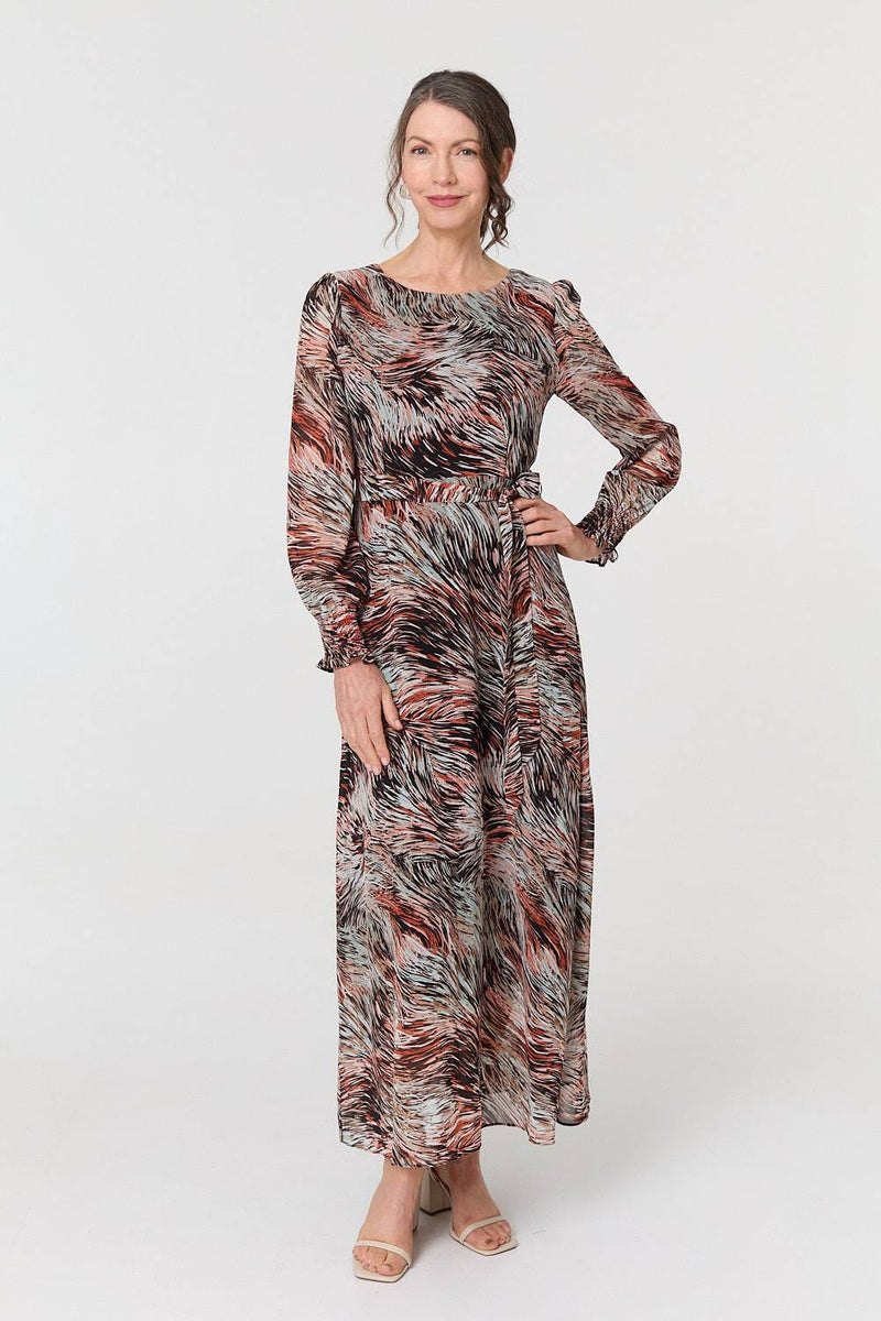 Printed Tie Waist Long Sleeve Maxi Dress