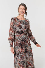 Printed Tie Waist Long Sleeve Maxi Dress
