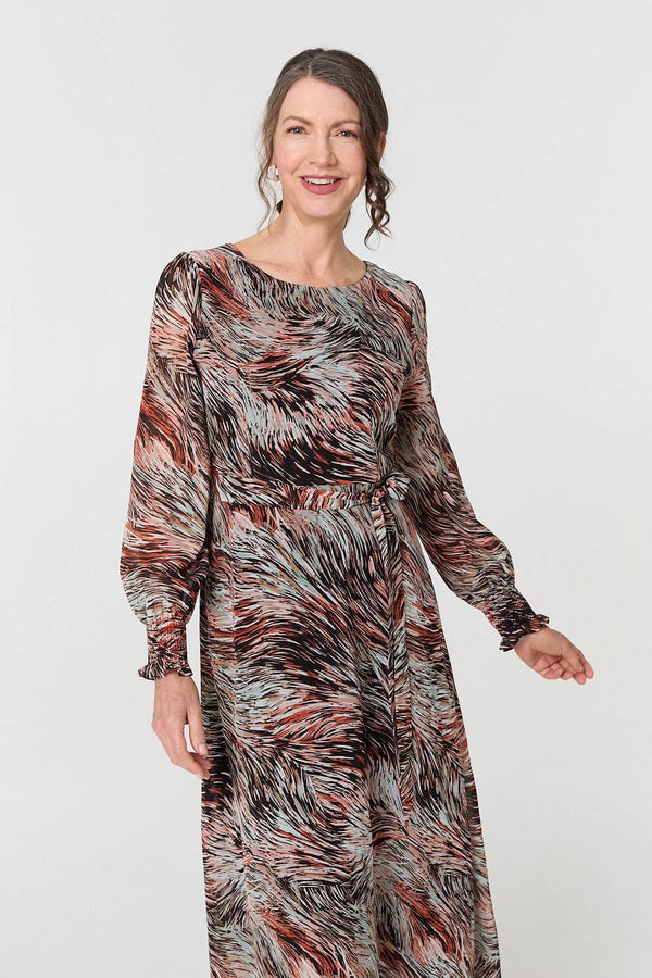 Printed Tie Waist Long Sleeve Maxi Dress