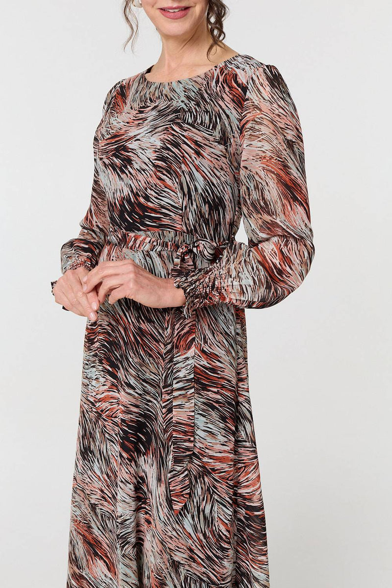 Printed Tie Waist Long Sleeve Maxi Dress