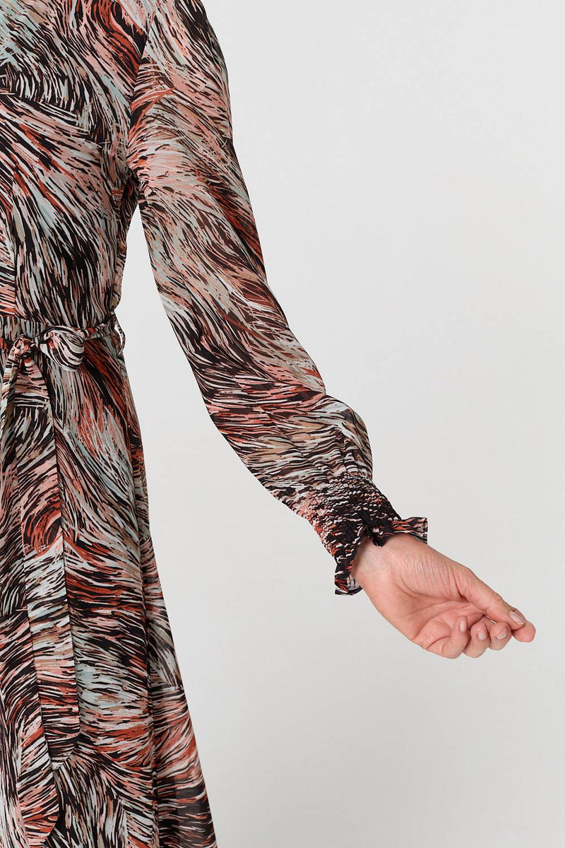 Printed Tie Waist Long Sleeve Maxi Dress