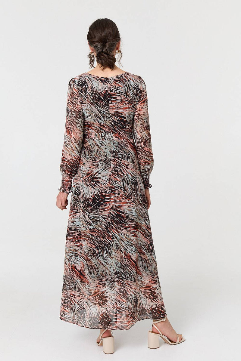 Printed Tie Waist Long Sleeve Maxi Dress