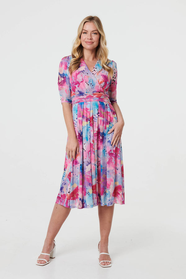 Abstract 3/4 Sleeve Midi Wrap Dress