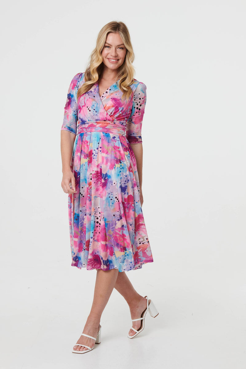 Abstract 3/4 Sleeve Midi Wrap Dress