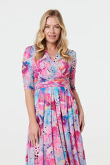 Abstract 3/4 Sleeve Midi Wrap Dress