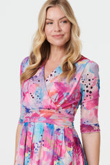 Abstract 3/4 Sleeve Midi Wrap Dress