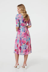 Abstract 3/4 Sleeve Midi Wrap Dress