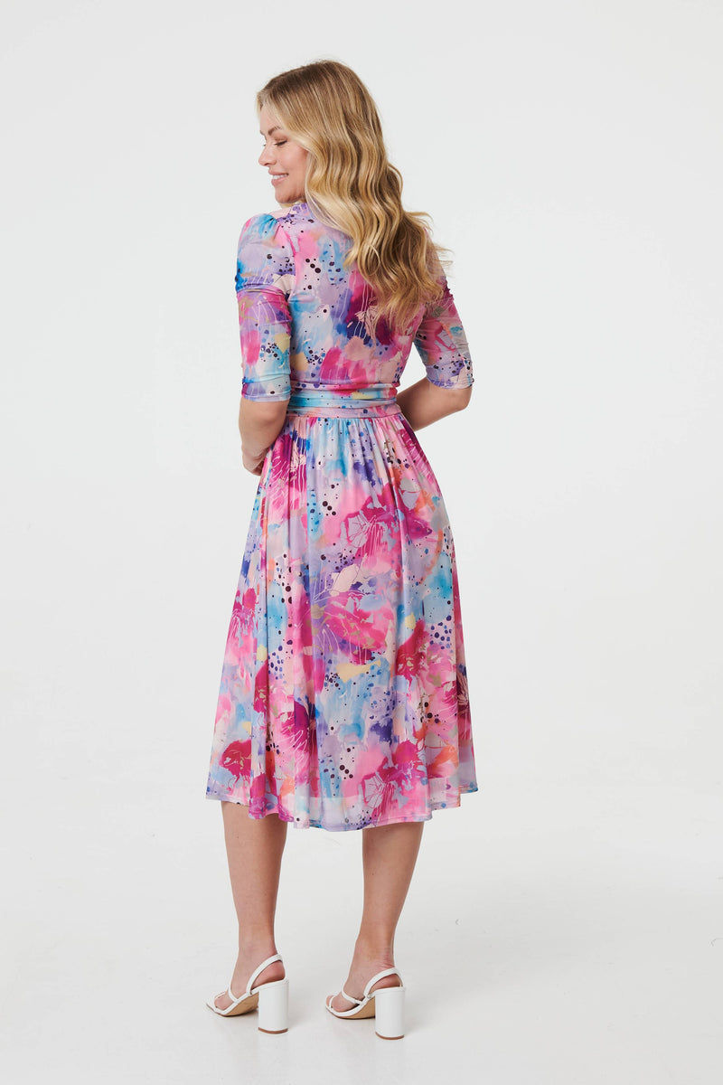 Abstract 3/4 Sleeve Midi Wrap Dress