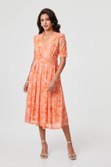 Printed 3/4 Sleeve Ruched Midi Dress