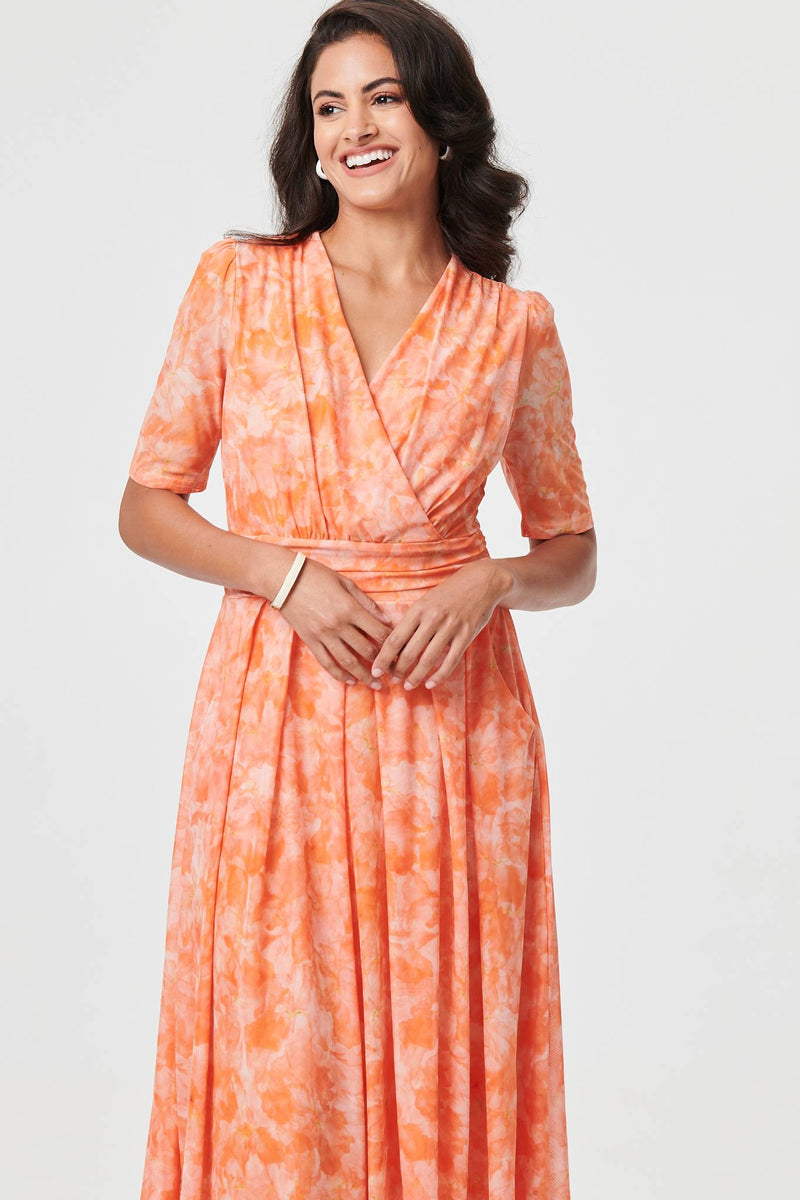 Printed 3/4 Sleeve Ruched Midi Dress