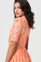 Printed 3/4 Sleeve Ruched Midi Dress