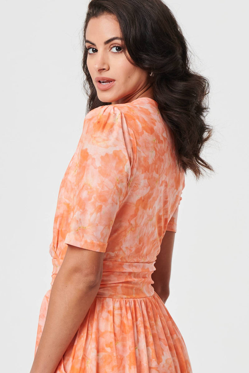 Printed 3/4 Sleeve Ruched Midi Dress