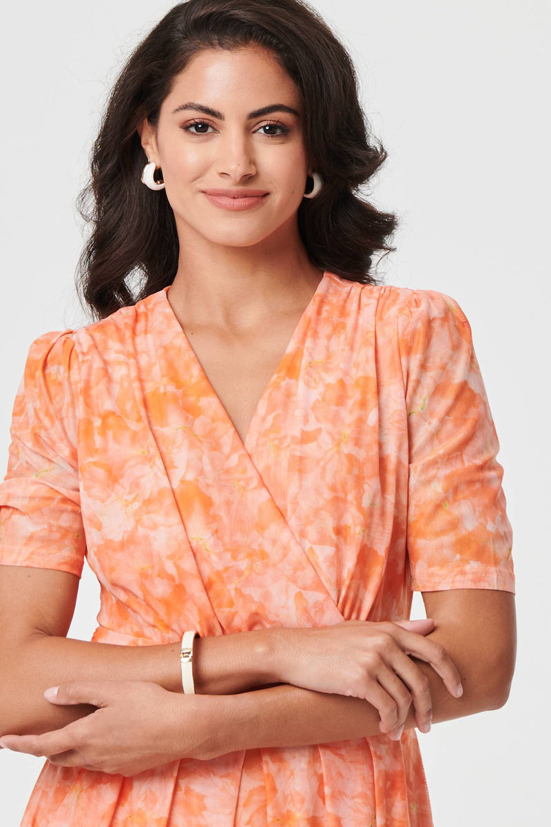 Printed 3/4 Sleeve Ruched Midi Dress