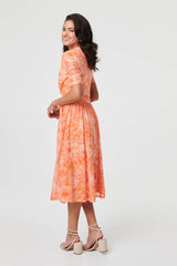 Printed 3/4 Sleeve Ruched Midi Dress
