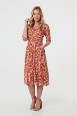 Printed 3/4 Sleeve Midi Faux Wrap Dress