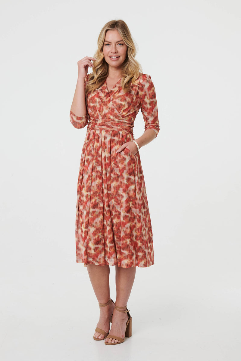 Printed 3/4 Sleeve Midi Faux Wrap Dress