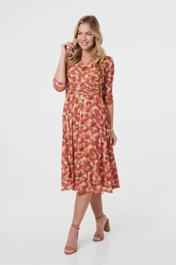 Printed 3/4 Sleeve Midi Faux Wrap Dress