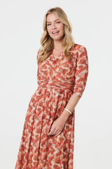Printed 3/4 Sleeve Midi Faux Wrap Dress