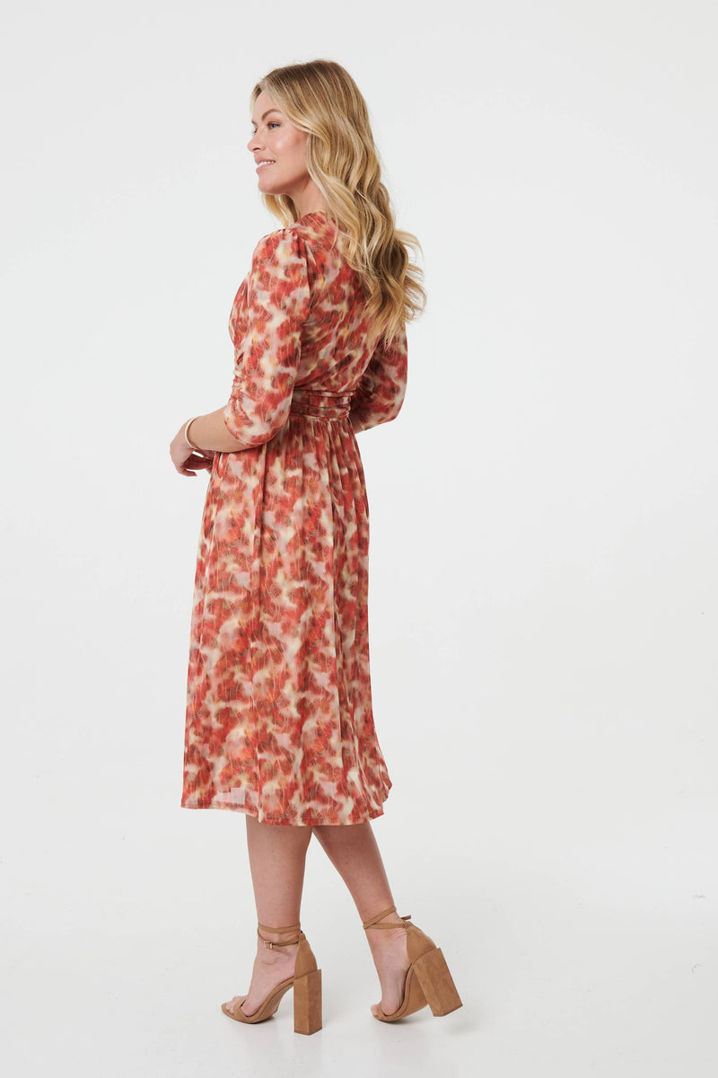 Printed 3/4 Sleeve Midi Faux Wrap Dress