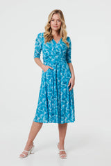 Printed 3/4 Sleeve Midi Faux Wrap Dress