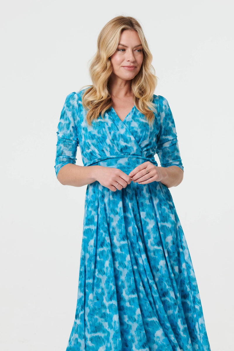 Printed 3/4 Sleeve Midi Faux Wrap Dress