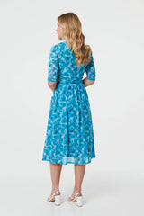 Printed 3/4 Sleeve Midi Faux Wrap Dress