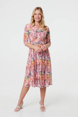 Printed 3/4 Sleeve Wrap Midi Dress