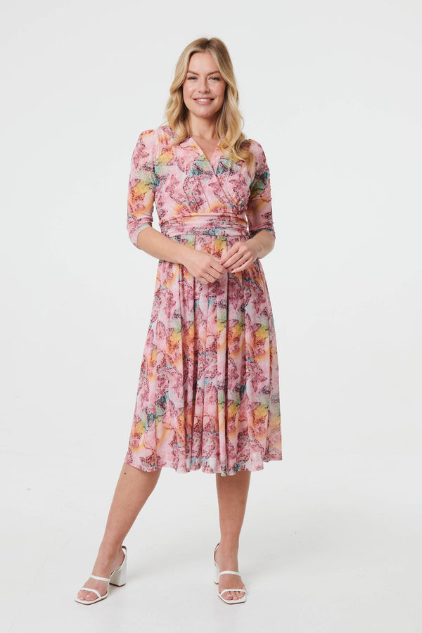 Printed 3/4 Sleeve Wrap Midi Dress
