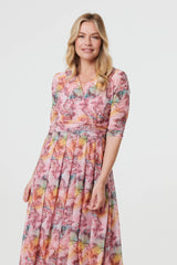 Printed 3/4 Sleeve Wrap Midi Dress