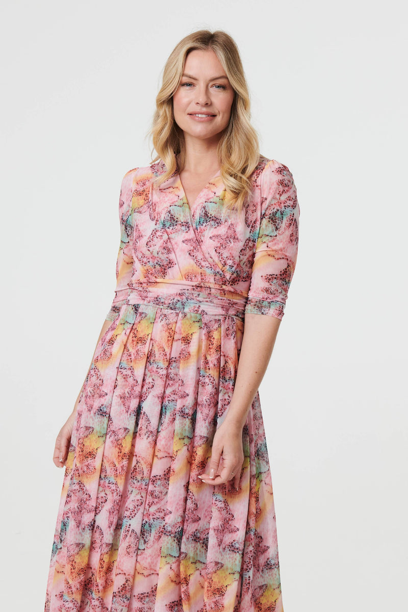 Printed 3/4 Sleeve Wrap Midi Dress