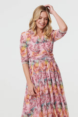 Printed 3/4 Sleeve Wrap Midi Dress