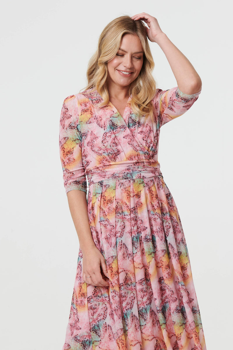 Printed 3/4 Sleeve Wrap Midi Dress