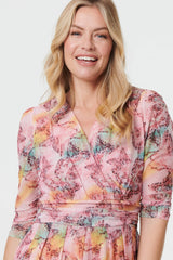 Printed 3/4 Sleeve Wrap Midi Dress