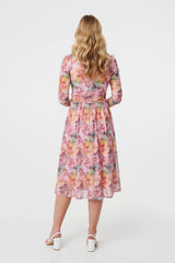 Printed 3/4 Sleeve Wrap Midi Dress