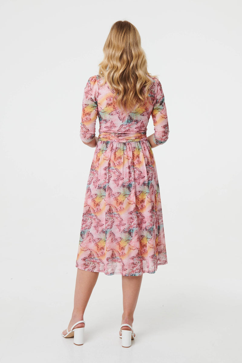 Printed 3/4 Sleeve Wrap Midi Dress