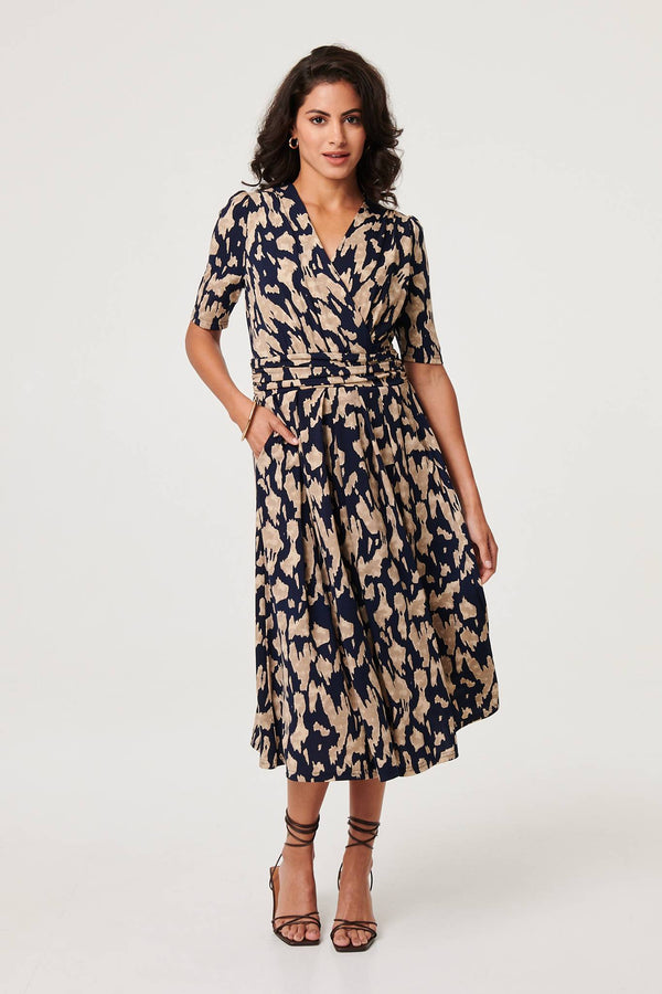 Printed Ruched 1/2 Sleeve Midi Dress