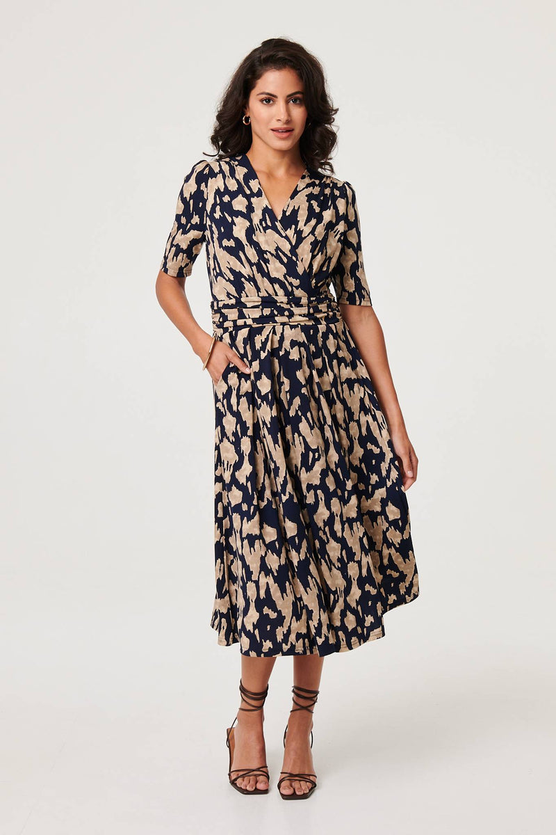 Printed Ruched 1/2 Sleeve Midi Dress