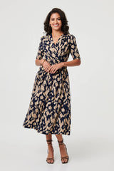 Printed Ruched 1/2 Sleeve Midi Dress