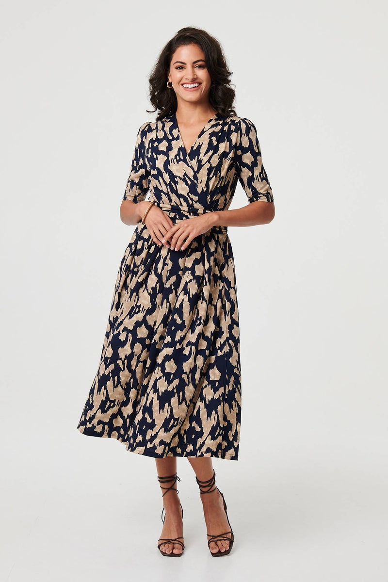 Printed Ruched 1/2 Sleeve Midi Dress