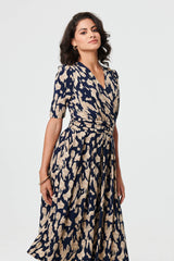 Printed Ruched 1/2 Sleeve Midi Dress