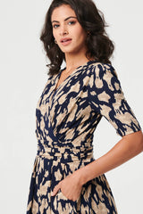 Printed Ruched 1/2 Sleeve Midi Dress