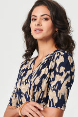 Printed Ruched 1/2 Sleeve Midi Dress