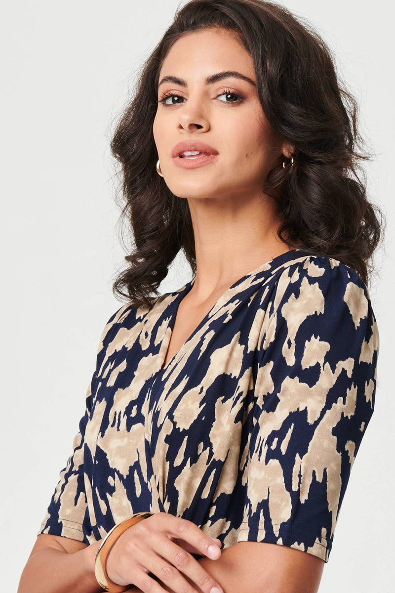 Printed Ruched 1/2 Sleeve Midi Dress